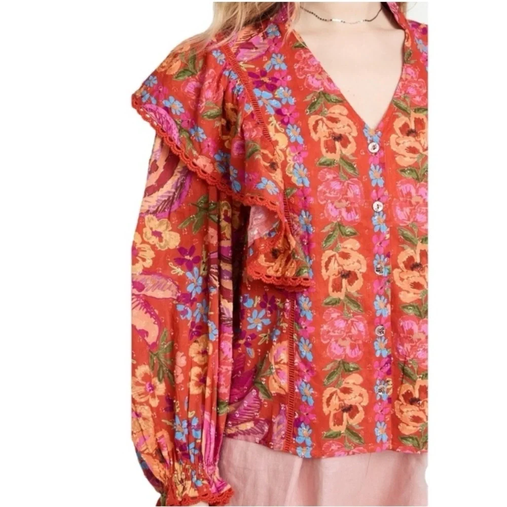 🍌 Farm Rio Spring Bananas Puff-Sleeve Button Down Top – Size Small 🍌